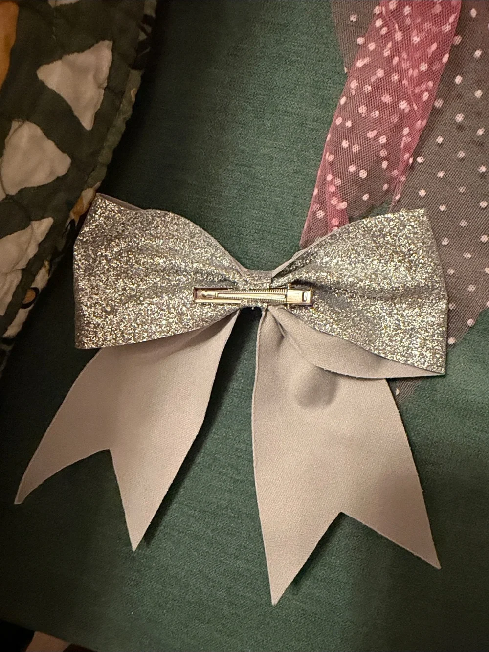 2 Kids Sparkle Bow Hair Clip - Pink Polka Dot & Silver Glitter